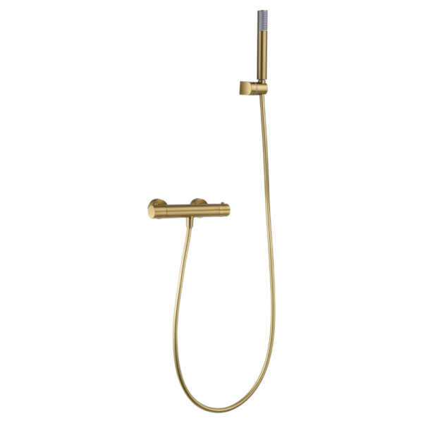Grifería de ducha termostatico oro cepillado serie Monza.