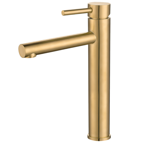Grifo de lavabo alto pica monomando redondo caño oro mate cepillado serie Palancia