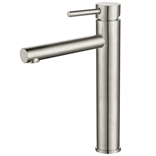 Grifo de lavabo alto pica monomando redondo caño acero cepillado serie Palancia