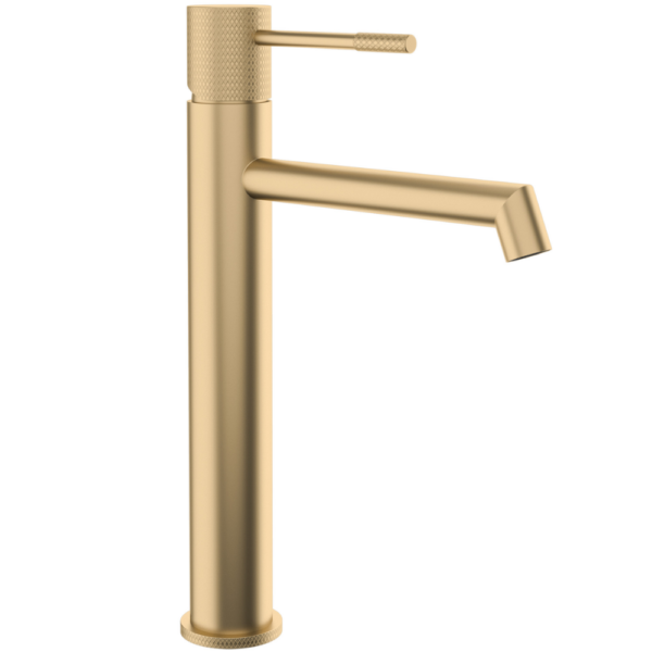 Grifo de lavabo alto monomando caño recto acabado maneta luxury oro mate cepillado serie Casares
