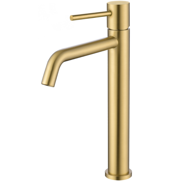 Grifo de lavabo alto pica monomando redondo caño oro mate cepillado serie Ebro