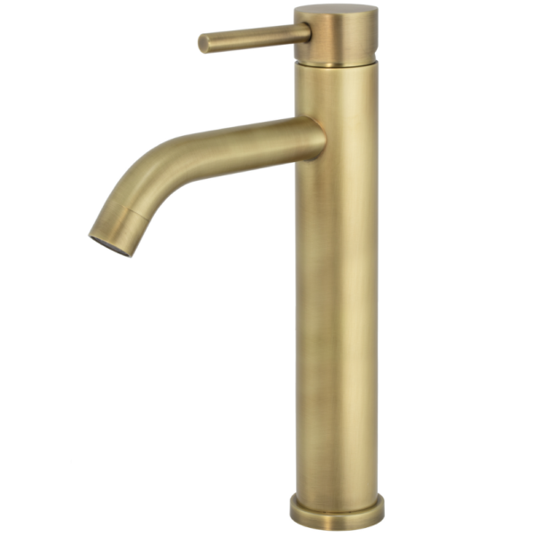 Grifo de lavabo alto pica monomando redondo dorado envejecido serie Jabalon