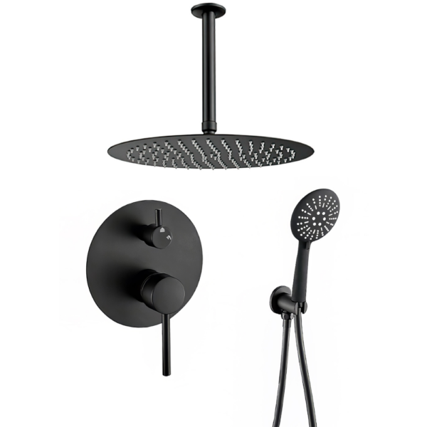 Ducha empotrada monomando techo redonda negro mate con maneta ancha Serie Cabriel