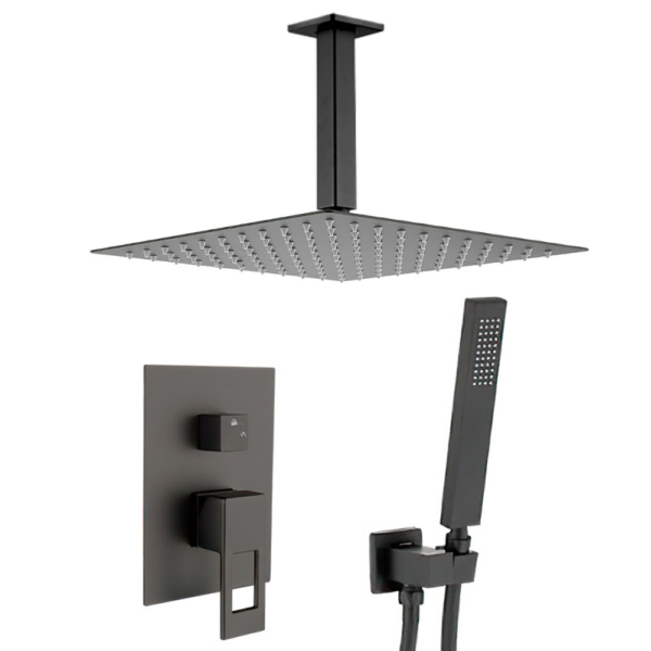 Ducha empotrada monomando techo cuadrada con maneta hueca cuadrada negro mate serie Tormes