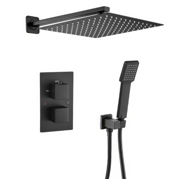Ducha empotrada termostática a pared cuadrada negro mate serie Eresma