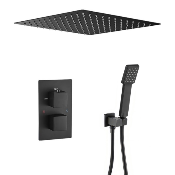 Ducha encastrada termostática a ras techo cuadrada negro mate serie Eresma