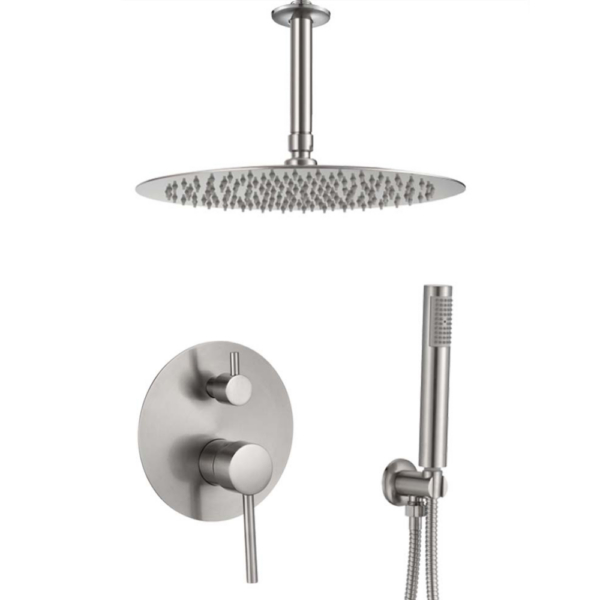 Ducha empotrada monomando techo redonda acero cepillado Serie Jucar.