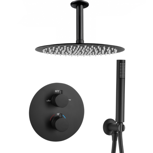 Ducha empotrada termostática techo redonda negro mate Serie Jucar