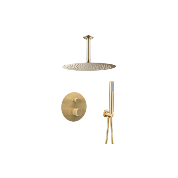 Ducha empotrada monomando techo oro mate cepillado redonda maneta luxury serie Besaya