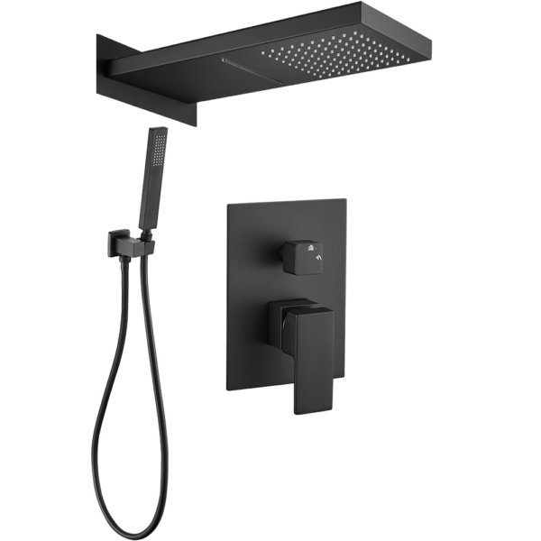 Ducha empotrada monomando cuadrada cascada y lluvia negro mate serie Niagara