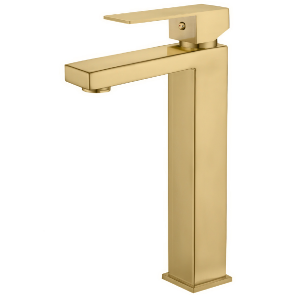 Grifo lavabo alto pica monomando cuadrado dorado cepillado serie Segura.