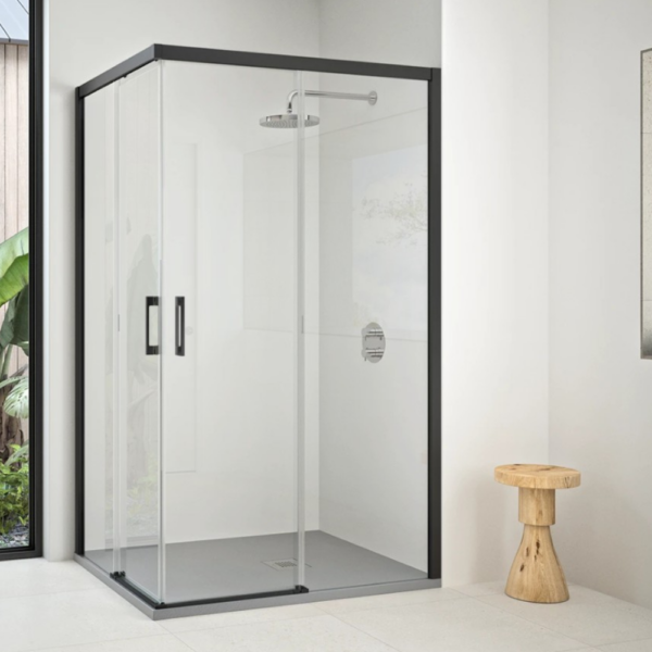 Mampara de ducha angular Quebec de dos hojas correderas y dos hojas fijas.