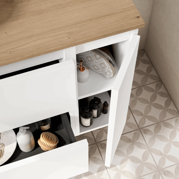 Conjunto mueble de baño Box dos cajones, una puerta , lavabo Flat +espejo Sevilla fondo reducido.