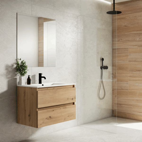 Conjunto mueble de baño Box dos cajones, una puerta , lavabo Flat