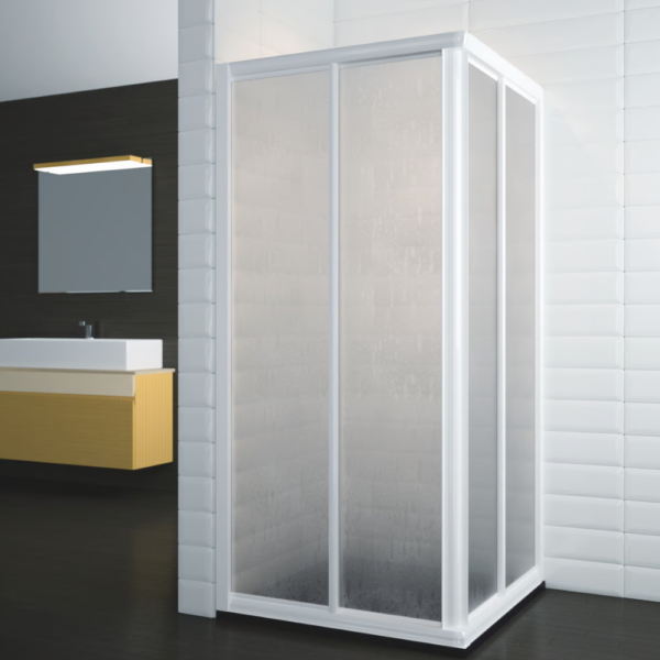 Mampara de ducha angular Viena de dos hojas correderas y dos hojas fijas.